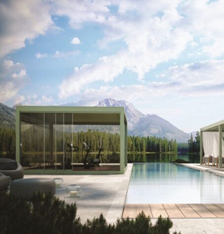 Image of two Pratic Carrera Bioclimatic pergolas poolside