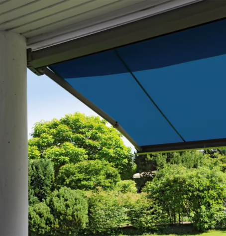 This is an image of a blue patio awning